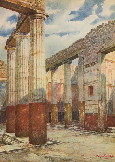 Pompeia: Casa dos patrícios, átrio com colunas (litografia a cores) de Luigi Bazzani