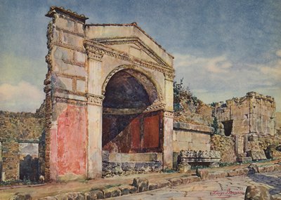 Pompeia: Sepulcro com exedra, Túmulo do Vaso de Vidro e Túmulo das Grinaldas (litografia a cores) de Luigi Bazzani