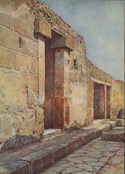 Pompeia: Via degli Augustali, entrada de uma casa patrícia (litografia a cores) de Luigi Bazzani