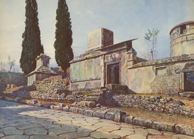 Pompeia: Via dei Sepolcri, túmulos e ciprestes (litografia a cores) de Luigi Bazzani