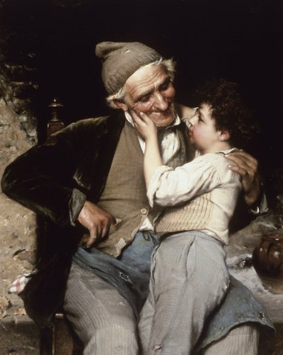 Il Nipotino Preterito (O neto perfeito). Uma criança toca no rosto do avô, que sorri e olha para ela com ternura. Pintura de Luigi Bechi (1830-1919). Óleo sobre tela. Coleção particular. de Luigi Bechi
