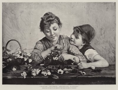 Crianças italianas organizando flores de Luigi Bechi