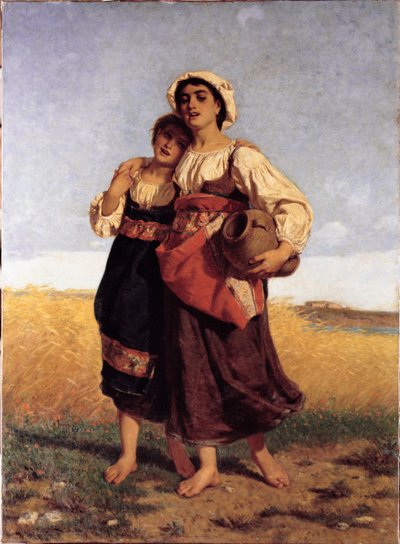 Moças jovens que trabalham nos campos (óleo sobre tela de Luigi Bechi