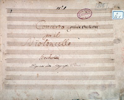 Primeira página assinada pelo autor da partitura do Concerto para violoncelo e orquestra em E flat, de Luigi Boccherini de Luigi Boccherini