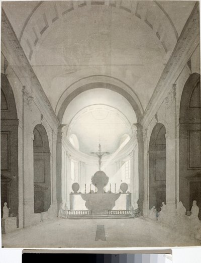 Vista interior de uma igreja (Desenho e Aquarela, ca. 1825) de Luigi Garibbo