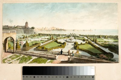 O parque da vila do Príncipe Doria e Génova ao fundo (Desenho e aguarela, ca. 1825) de Luigi Garibbo