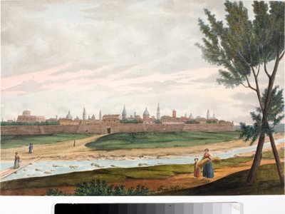 Vista de uma cidade murada, provavelmente Lucca na Toscana (Tinta e aguarela, ca. 1820) de Luigi Garibbo