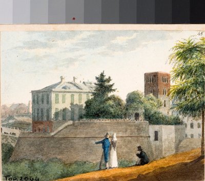 Vista dos baluartes e do campanário de Santo Stefano, Génova (aguarela, ca. 1825) de Luigi Garibbo