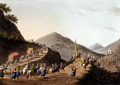 Êxodo nas estradas das montanhas dos Balcãs - em "Views in the Ottoman Dominions, in Europe, in Asia, and some of the Mediterranean islands" a partir dos desenhos originais de Luigi Mayer, Londres de Luigi Mayer