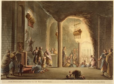 Igreja subterrânea de Belém, de &39;Views of Palestine&39;, Vol.II, publicado pela R. Bowyer Galeria Histórica, Londres, 1803 (aquatinta colorida) de Luigi Mayer