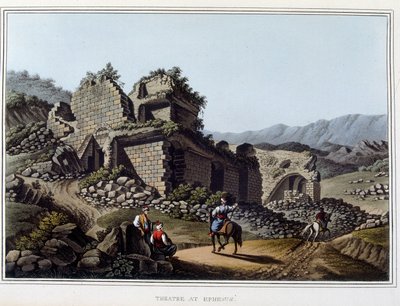 Teatro em ruínas em Éfeso, antiga cidade grega, hoje na Turquia. em "Views in the Ottoman Dominions, in Europe, in Asia, and some of the Mediterranean islands" dos desenhos originais tirados por Luigi Mayer, Londres de Luigi Mayer