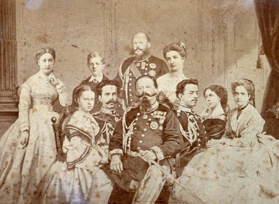 A imagem retrata vários membros da família real de Saboia. Ao centro, sentados, Victor Emmanuel II, Umberto I e Amedeo em traje completo; as filhas do soberano e Elisabetta da Saxónia em trajes elegantes. Em segundo plano, ao fundo de Luigi Montabone