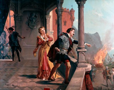 Ilustração para Manrico aria, Di quella pirata Act III, em Il trovatore, ópera de Giuseppe Verdi de Luigi Morgari
