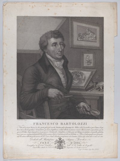Retrato de Francesco Bartolozzi, sentado, segurando uma lupa com ferramenta de gravura..., 1827 de Luigi Rados