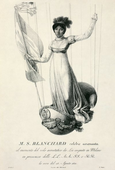 Retrato da balão francesa Sophie Blanchard durante seu voo em Milão, Itália, 1811 de Luigi Rados