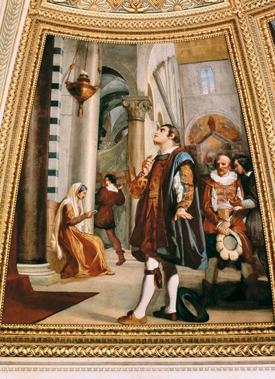 Galileu Galilei vendo o candelabro balançar para frente e para trás na Catedral de Pisa 1582 de Luigi Sabatelli