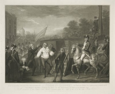 Lodewijk XVI bij het schavot O comportamento calmo e controlado de Lewis XVI ao se despedir de seu confessor Edgeworth / o momento antes de um período ser colocado em sua existência em 21 de janeiro de 1793 (título no objeto) de Luigi Schiavonetti