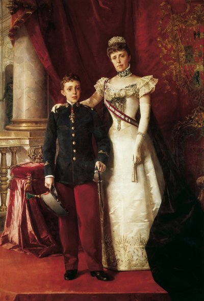 Retrato de Alfonso XIII (1886-1941) e Maria Cristina de Teschen, conhecida como Maria Cristina dos Habsburgos (1858-1929), Arquiduquesa da Áustria de Luis Alvarez Catalá