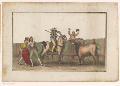 Picador aponta a sua lança para um touro
Coleccion de las principales suertes de una corrida de toros (título da série)
Colecção das manobras mais importantes na tourada (título da série) de Luis Fernandez Noseret