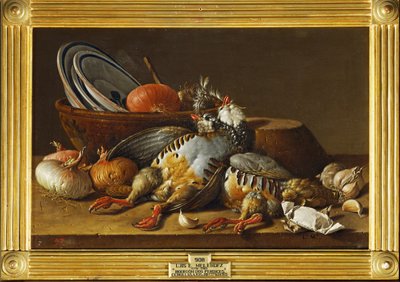 Natureza-morta com duas perdizes, cebolas e utensílios de cozinha ... (pintura sobre tela) de Luis Menendez or Melendez