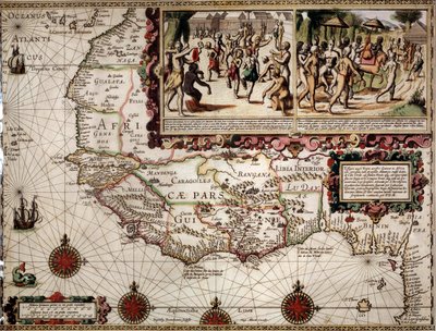 Mapa geográfico da Guinee feito pelo cartógrafo Luis Teixera (ou Teixeira), aproximadamente 1586. No canto superior direito, representação de uma cena de dança entre os indígenas (africanos). de Luis Teixeira
