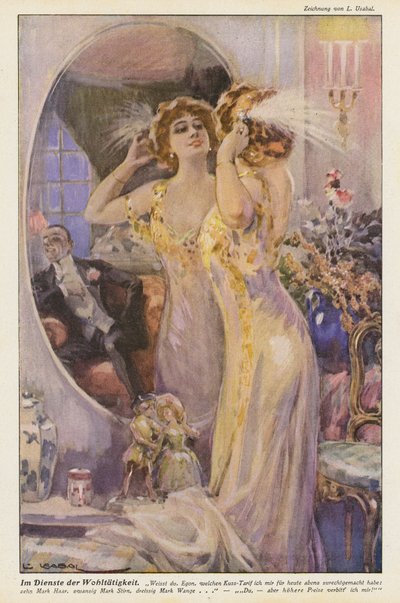 Mulher olhando no espelho (lito colorido) de Luis Usabal