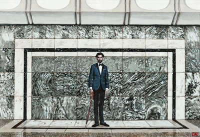 Autorretrato numa plataforma, c.2020 (tinta acrílica sobre papel) de Luke Waller