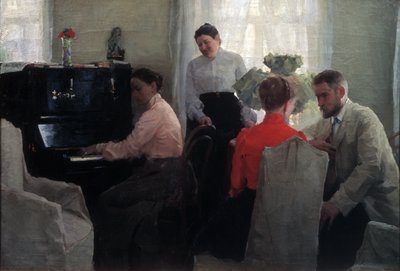 O Pretender (um jovem está a cortejar sob a supervisão de duas acompanhantes, uma das quais toca piano) (Groom ) - Pintura de Lukian Vasilyevich Popov (1873-1914), óleo sobre tela (54x80 cm) de Lukjan Vasilievich Popov