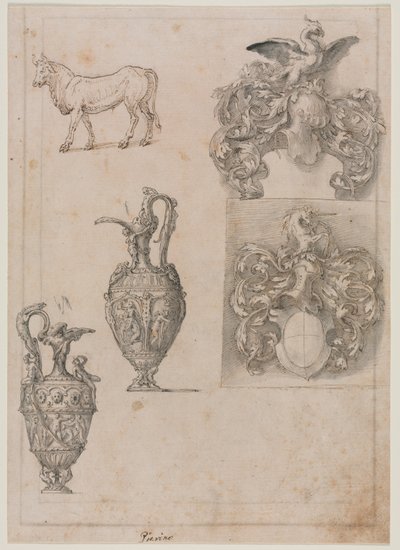 Design para dois vasos, duas brasões e um touro reto, meados dos anos 1500. de Luzio Romano