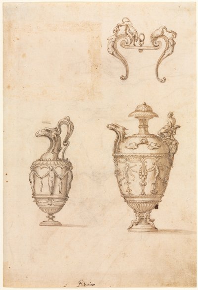 Design para dois vasos e um ornamento reto, meados dos anos 1500. de Luzio Romano