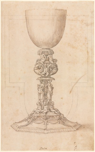 Projete para um cálice com o plano arquitetônico verso, meados dos anos 1500. de Luzio Romano