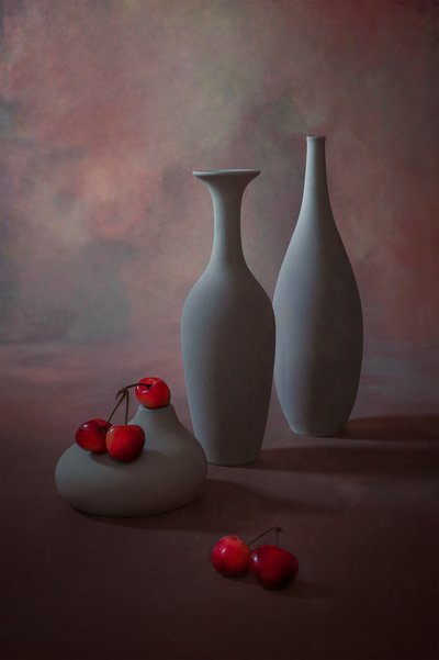 Elegante natureza-morta com cerejas de Lydia Jacobs