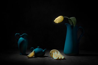 Natureza-morta azul com tulipa amarela de Lydia Jacobs