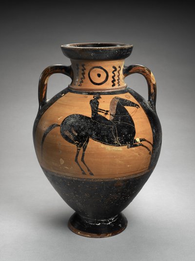 Ânfora de pescoço em figura negra com dois cavaleiros, 560-540 a.C. (terracota) de Lydos (manner of)
