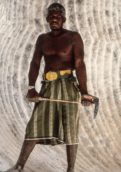 Homem iemenita segurando uma picareta de sal numa velha mina de sal na antiga cidade de Shabwah ak... de Lynn Abercrombie