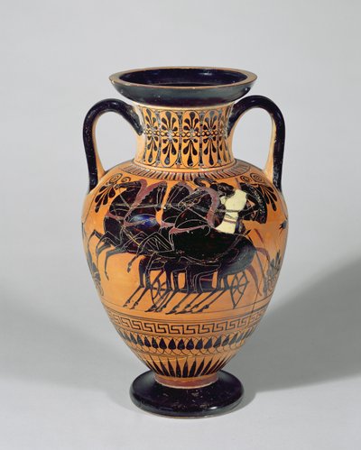 Ânfora ática de figuras negras, representando uma carruagem com rodas, 520-500 aC (argila) de Lysippos