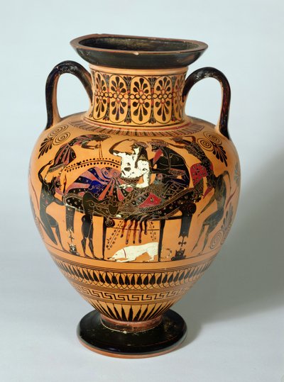 Ânfora de figuras negras representando Dionísio e Banquete de Ariadne, grego, 530-520 aC (argila) de Lysippos