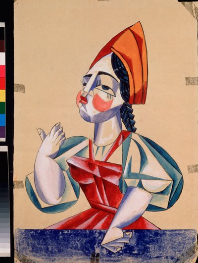 Fato preparatório para uma personagem feminina na peça "Of the Poet and his Valet Balda", de Alexander Pushkin (1799-1837). Trabalho de Lyubov (Lyubov) Sergeyevna Popova (1889-1924), guache e tinta sobre papel de Lyubov Sergeevna Popova