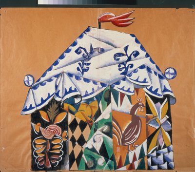 Esboço da cortina para a peça "" Do papa e seu criado Balda "", de Alexander Pushkin (1799-1837). Obra de Lyubov (Lioubov) Sergeyevna Popova (1889-1924), colagem, guache e bronze sobre papel de Lyubov Sergeevna Popova
