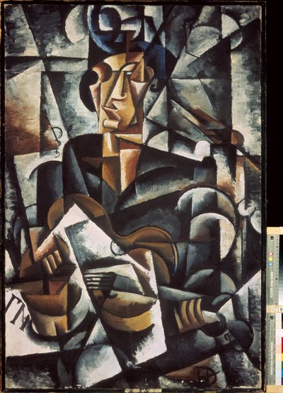 Mulher com uma guitarra. Pintura por Lyubov (Lyubov) Sergeyevna Popova (1889-1924), óleo sobre tela de Lyubov Sergeevna Popova