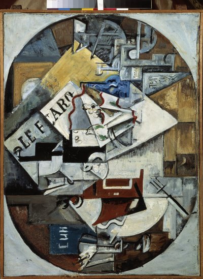 Natureza morta (Le Figaro) Pintura por Lyubov (Lyubov) Sergeyevna Popova (1889-1924), óleo sobre tela de Lyubov Sergeevna Popova