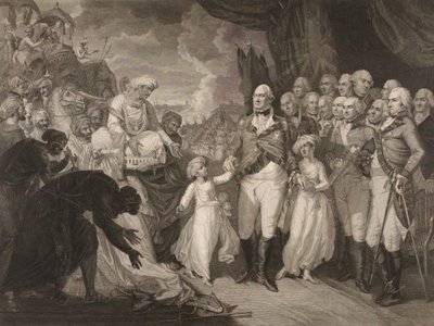 O Marquês Cornwallis a receber os príncipes reféns, filhos do Sultão Tippoo de M. (after) Brown
