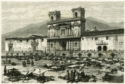 A Catedral de Quito (capital do Equador actual) e o entretenimento popular na sua praça. Gravura de Clerget e Ferdinandus, para ilustrar a história "Equinoxiale America". de M. (after) Ferdinandus