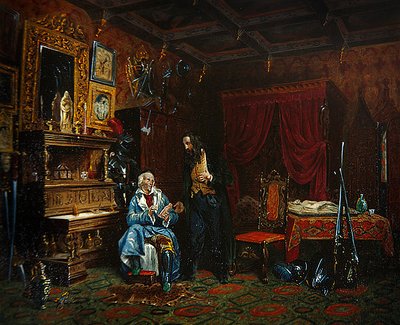 Interior de uma sala antiga com mobiliário medieval, c.1838-46 (cor litho) de M. (after) Renoux