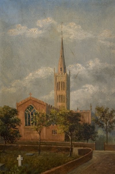 Igreja e adro da Santíssima Trindade, Coventry, c.1900 (óleo sobre tela) de M. E. Colledge