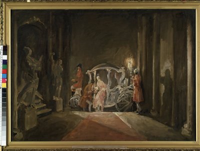 ""Une Invitee"" (Um convidado) Uma jovem, que lembra Cinderela, desce misteriosamente de uma carruagem no meio da noite. Pintura de Max Friedrich Hofmann (1873-1937) 1926 Dim. 116x161 cm Mikalojus Konstantinas Ciurlionis Museu de Belas Artes, Kaunas, Ilumi de M. F. Hofmann