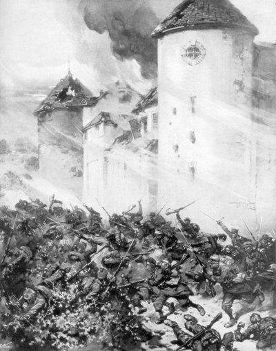Franceses e alemães batalham sob os muros do Chateau de Mondement, França, 1914. de M. H. W. Koekkok