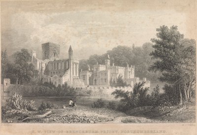 Vista Noroeste do Priorado de Brenckburn, Northunberland; página 44 (Volume Um) de M. J. Starling