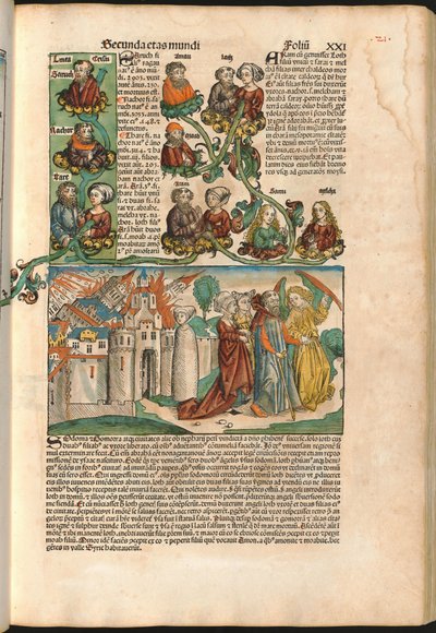 Árvore genealógica de Laban, do Nuremberg Chronicle de Hartmann Schedel (1440-1514) impresso em 1493 (xilogravura) de M. and Pleydenwurff W. Wolgemuth
