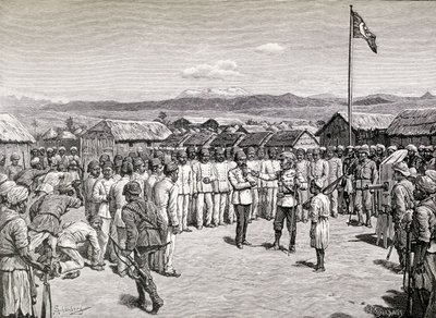 Sir Henry Morton Stanley dirigindo-se a oficiais rebeldes em Kavalli, 1890 (gravura em madeira) de M. Schonberg
